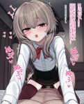  1boy 1girl black_skirt brown_hair clothed_sex commentary_request cowgirl_position hetero highres indoors long_hair looking_at_viewer open_mouth original penis pov red_eyes school_uniform sex shirt skirt solo_focus straddling thighhighs translation_request white_shirt yakob_labo 