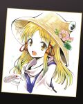  1girl :d blonde_hair brown_hat commentary_request flower frog hair_ribbon hat hat_flower highres long_hair long_sleeves moriya_suwako open_mouth pink_flower purple_vest red_ribbon ribbon shikishi shirt simple_background smile snake solo touhou traditional_media tress_ribbon tsubameyado upper_body vest white_background white_shirt yellow_eyes 