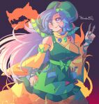  1girl animal_background arm_ribbon asymmetrical_bangs belt black_background blue_hair blue_nails breasts closed_mouth commentary cowboy_shot detached_sleeves english_commentary fiery_background fire floating_clothes floating_hair freckles green_belt green_headscarf green_overalls green_ribbon green_skirt haniyasushin_keiki headscarf highres holding holding_paintbrush jewelry karebu52 large_breasts long_hair long_sleeves magatama magatama_necklace necklace orange_background overalls paintbrush purple_eyes ribbon shirt sidelighting skirt smile solo touhou twitter_username wide_sleeves yellow_shirt 
