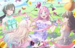  4girls :d anyoji_hime bare_shoulders black_hair blonde_hair blue_eyes blue_flower blue_hair breasts brown_hair closed_eyes collarbone day dress dutch_angle falling_flower fang flower flower-shaped_hair fujishima_megumi game_asset gradient_hair green_dress green_hairband grey_hairband hairband highres holding_hands ima_kako_mirai_no_sangenshoku katsuragi_izumi large_breasts long_hair looking_at_another love_live! love_live!_hasu_no_sora_jogakuin_school_idol_club low_ponytail medium_breasts mira-cra_park! motion_blur multicolored_hair multiple_girls non-web_source official_art open_mouth orange_eyes osawa_rurino outdoors pink_dress pink_flower pink_hair pink_hairband ponytail purple_dress purple_eyes purple_flower purple_hairband self-datamine sleeveless sleeveless_dress slit_pupils smile strapless strapless_dress teeth upper_teeth_only virtual_youtuber white_dress yellow_flower 
