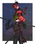  1boy 1girl adrien_agreste animal_ears belt black_belt black_bodysuit black_hair black_jacket black_lips black_mask bodysuit cat_ears claw_noir colored_sclera commentary_request double_bun eye_mask green_hair hair_bun holding holding_staff itk_edo jacket marinette_dupain-cheng mask miraculous_ladybug multicolored_bodysuit multicolored_hair polka_dot_bodysuit purple_eyes purple_sclera red_bodysuit red_eyes red_hair red_mask shadybug sitting_on_shoulder staff two-tone_bodysuit two-tone_hair 