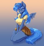  anthro anthrofied big_breasts bottomwear breasts cleavage clothed clothing dandy_(artist) equid equine eyes_closed female friendship_is_magic hasbro hi_res horn kneeling mammal my_little_pony princess_luna_(mlp) skirt smile solo winged_unicorn wings 