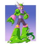  1boy android armor clenched_hand closed_mouth commentary english_commentary forehead_jewel full_body helmet highres mega_man_(classic) mega_man_(series) mega_man_v mercury_(mega_man) pink_helmet red_eyes robot solo spiked_helmet toastiepumpkin two-tone_background 