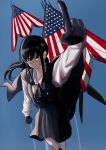  absurdres american_flag black_cape black_gloves black_hair black_ribbon blue_sky cape chainsaw_man clenched_hand dress eejqxgrh9b41982 flying gloves highres long_hair long_sleeves neck_ribbon pinafore_dress pointing pointing_up ponytail ribbon ringed_eyes scar scar_on_cheek scar_on_face sidelocks skirt sky sleeveless sleeveless_dress yoru_(chainsaw_man) 
