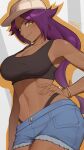  1girl abs absurdres alternate_costume bare_shoulders black_panties black_sports_bra bleach bracelet breasts cleavage collarbone commentary cowboy_shot crop_top cutoffs dark-skinned_female dark_skin denim denim_shorts english_commentary grey_background hand_on_own_hip hat highleg highleg_panties highres jewelry large_breasts long_hair looking_at_viewer midriff mixed-language_commentary navel panties panty_straps parted_bangs ponytail purple_hair shihouin_yoruichi short_shorts shorts signature simple_background smile solo sports_bra stomach tettora thighs toned toned_female two-tone_background underwear very_long_hair white_background white_hat yellow_eyes 