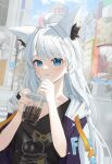  1girl absurdres ahoge animal_ear_fluff animal_ear_piercing animal_ears bangom_r billboard black_shirt blue_eyes blush breasts building closed_mouth cloud collarbone commentary_request crosswalk cup day disposable_cup drink drinking drinking_straw earrings extra_ears fox_ears fox_girl from_side highres holding holding_drink hololive jacket jacket_on_shoulders jewelry light_particles long_hair looking_at_viewer loungewear medium_breasts notice_lines outdoors road_sign scenery shirakami_fubuki shirakami_fubuki_(loungewear) shirt sign single_earring sky solo sparkle standing t-shirt tree upper_body urban v virtual_youtuber white_hair white_hood 