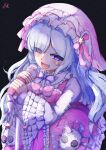  1girl absurdres black_background bow commentary_request dress frilled_dress frilled_sleeves frills hair_over_one_eye hairband highres holding holding_microphone holding_microphone_stand houdaidoya karaoke_manekineko lolita_fashion lolita_hairband long_hair long_sleeves mahou_shoujo_no_majo_saiban microphone microphone_stand natsume_an-an official_alternate_costume pink_dress purple_eyes simple_background singing stuffed_animal stuffed_sheep stuffed_toy sweet_lolita very_long_hair white_hair 