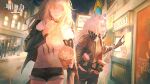  2girls animal_ears arknights black_gloves black_jacket black_nails black_shorts blonde_hair breasts chinese_commentary choker city cleavage commentary_request cup denim disposable_cup eating food fur-trimmed_shorts fur_trim gloves glowing hand_up highres holding holding_cup holding_food huangdanlan indra_(arknights) jacket jeans large_breasts long_hair looking_to_the_side multiple_girls nail_polish night official_art open_clothes open_jacket outdoors pants people popcorn print_shirt profile road shirt shorts siege_(arknights) sky smile standing storefront street striped_hair tiger_ears tiger_girl white_shirt yellow_eyes 