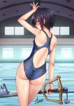  1girl adsouto arm_up ass back_cutout black_hair blue_eyes clothing_cutout from_behind highres holding holding_weapon keyblade kingdom_hearts kingdom_key looking_at_viewer looking_back one-piece_swimsuit pool short_hair solo swimsuit water weapon wet xion_(kingdom_hearts) 