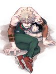  2boys absurdres all_fours alternate_universe arm_belt bakugou_katsuki belt belt_buckle black_belt blonde_hair boku_no_hero_academia boku_no_hero_academia_2nd_popularity_poll brown_belt buckle buttons commentary_request cross-laced_shoes curled_up detached_sleeves earrings fetal_position fingernails freckles full_body green_hair green_pants green_vest grey_shirt hair_between_eyes highres j_nobu4 jewelry looking_at_viewer lying male_focus midoriya_izuku multiple_belts multiple_boys multiple_necklaces necklace no_shirt official_alternate_costume on_side open_mouth orange_sleeves pants parted_lips partial_commentary protecting red_eyes red_shoes sanpaku scar scar_on_hand shadow shirt shoes short_hair shoulder_tattoo spiked_hair tattoo tooth_earrings tooth_necklace triangle_print tsurime twitter_username v-shaped_eyebrows vest white_background wing_tattoo 