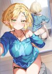  1girl black_panties blonde_hair blue_shirt breasts green_eyes highres indoors large_breasts mirror panties pointy_ears princess_zelda reflection shirt shuri_(84k) the_legend_of_zelda underwear 