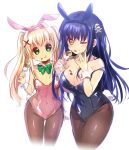  2girls :p :t ;p alternate_costume animal_ear_hairband animal_ears bare_shoulders black_hair black_hairband black_leotard blonde_hair blush bone_hair_ornament breasts brown_pantyhose cleavage closed_mouth commentary covered_groin covered_navel cowboy_shot cropped_legs dango detached_collar eating fake_animal_ears fake_tail fishnet_pantyhose fishnets food food_on_body food_on_breasts food_on_face green_eyes hair_between_eyes hair_intakes hair_ornament hairband hands_up highleg highleg_leotard holding holding_food kushima_kamome large_breasts leotard lliissaawwuu2 long_hair looking_at_viewer multiple_girls one_eye_closed pantyhose pink_hairband pink_leotard rabbit_ear_hairband rabbit_ears rabbit_tail sanshoku_dango sidelocks simple_background skull_and_crossbones skull_hair_ornament small_breasts smile strapless strapless_leotard summer_pockets tail tareme tongue tongue_out tsumugi_wenders twintails untranslatable_commentary very_long_hair wagashi white_background white_wrist_cuffs wrist_cuffs x_hair_ornament yellow_eyes 