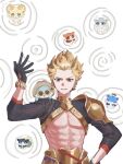  1boy abs aglaea_(honkai:_star_rail) aglaea_(oatmeal)_(honkai:_star_rail) animal_on_shoulder armor bare_pectorals black_gloves black_shrug blonde_hair blush_stickers bracelet bubbles_(honkai:_star_rail) cerydra_(dux_beast)_(honkai:_star_rail) cerydra_(honkai:_star_rail) chimera_(honkai:_star_rail) cipher_(honkai:_star_rail) cipher_(master_cat-thief)_(honkai:_star_rail) closed_eyes commentary_request cowboy_shot crown curved_horns earrings fate_(series) flying_sweatdrops gate_of_babylon_(fate) gilgamesh_(fate) gilgamesh_(honkai:_star_rail)_(fate) gloves grin hat highres honkai:_star_rail honkai_(series) horns jewelry long_sleeves male_focus mydei_(fig_stew)_(honkai:_star_rail) mydei_(honkai:_star_rail) noble_phantasm_(fate) pauldrons pectorals phainon_(honkai:_star_rail) phainon_(vigethos)_(honkai:_star_rail) piercing red_eyes short_hair shoulder_armor shrug_(clothing) single_pauldron smile spiked_hair sunglasses v-shaped_eyebrows white_background x_xox12 yellow-framed_eyewear 