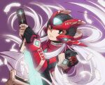  1boy android armor blue_eyes commentary cowboy_shot english_commentary feathers forehead_jewel helmet highres holding holding_sword holding_weapon long_hair male_focus mega_man_(series) mega_man_zero_(series) purple_background red_armor red_helmet simple_background solo sword telosratoskr weapon white_background white_hair z_saber zero(z)_(mega_man) zero_(mega_man) 