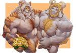  2boys absurdres animal_ears asgore_dreemurr bara belly biceps blonde_hair claws closed_eyes closed_mouth commentary completely_nude covering_crotch covering_privates english_commentary fangs floppy_ears flower furrowed_brow furry furry_male goat_horns grin heterochromia highres holding holding_flower horns looking_at_viewer looking_up male_focus multiple_boys muscular muscular_male navel newton_2305 nipple_piercing nipples nude orange_fur original pectorals piercing plump smile sweatdrop tiger_boy tiger_ears tiger_stripes undertale utdr_(toby_fox) whiskers white_fur white_hair yellow_flower 