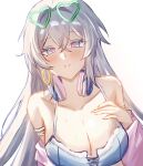  1girl absurdres blush breasts bronya_zaychik bronya_zaychik_(silverwing:_n-ex) cleavage denim denim_bikini earrings eyewear_on_head headphones headphones_around_neck heart heart-shaped_eyewear highres honkai_(series) honkai_impact_3rd jewelry large_breasts long_hair looking_at_viewer official_alternate_costume parted_lips simple_background solo upper_body very_long_hair white_background yue_kanade 