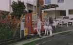  3girls absurdres animal_ears beanie black_hair bow brown_hair building car chain-link_fence coin drainpipe ear_bow ear_ornament ears_through_headwear facing_another facing_away fence fenomeno_(umamusume) flower flower_bush gold_ship_(umamusume) grey_hair hand_on_own_hip hat highres holding holding_coin horse_ears horse_girl horse_tail horseshoe_ornament long_hair mary_janes motor_vehicle multicolored_hair multiple_girls muted_colors nakayama_festa_(umamusume) no_parking_sign outdoors parking_lot peaked_cap pillbox_hat pineconete pink_flower pleated_skirt puffy_short_sleeves puffy_sleeves purple_bow purple_sailor_collar purple_serafuku purple_shirt red_flower road road_sign sailor_collar sailor_shirt school_uniform serafuku shirt shoes short_sleeves sign skirt smile spoken_squiggle squiggle summer_uniform tail tail_bow tail_ornament tracen_school_uniform tree umamusume vending_machine white_car white_skirt 