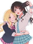  2girls :d ;) arms_around_another's_waist b.m.m black_cardigan black_hair blonde_hair blue_eyes blue_necktie blue_scrunchie blue_skirt bow bowtie bracelet cardigan cellphone collared_shirt commentary_request don_quijote_(store) earrings frenda_seivelun hair_ornament hair_scrunchie hand_on_another's_shoulder heart heart_earrings highres holding holding_phone hug hug_from_side jewelry long_hair midriff_peek multiple_girls necktie official_alternate_costume one_eye_closed phone pink_bow pink_bowtie pink_skirt plaid_bow plaid_bowtie plaid_clothes plaid_skirt saten_ruiko scrunchie selfie shirt skirt smartphone smile striped_clothes striped_necktie tied_shirt toaru_kagaku_no_railgun toaru_majutsu_no_index white_background white_shirt wrist_scrunchie 