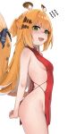  1girl absurdres animal_ears blonde_hair blush breasts china_dress chinese_clothes colored_inner_hair commentary covered_navel dress flying_sweatdrops from_side green_eyes highres ju_fufu long_hair multicolored_hair no_panties orange_fur red_dress revealing_clothes sideboob sideless_dress simple_background skai_kun small_breasts solo striped_hair sweatdrop tail tiger_ears tiger_girl tiger_stripes tiger_tail white_background white_hair zenless_zone_zero 