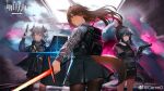  3girls animal_ear_fluff animal_ears arknights backpack bag ballistic_shield black_bag black_hair black_pantyhose blacksteel_worldwide_(arknights) brown_hair brown_tail cat_ears cat_girl cat_tail cenm0 copyright_logo copyright_name dragon_girl dragon_horns fox_ears fox_girl fox_tail franka_(arknights) green_eyes grey_hair grey_shirt gun hand_up handgun headset highres holding holding_gun holding_sword holding_weapon horns jessica_(arknights) liskarm_(arknights) logo long_hair long_sleeves looking_at_viewer miniskirt multiple_girls official_art pantyhose pleated_skirt ponytail shield shirt skirt smoke sword tail third-party_source watermark weapon weibo_watermark 