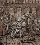  5boys 5girls absurdres alcohol animal_ears apron beer beer_mug bench breasts chair chef chef_hat cleavage commentary_request cup dragon dress elf fantasy furry furry_female greyscale hair_ornament hair_over_eyes hairclip hat highres holding holding_cup indoors instrument jewelry long_hair lute_(instrument) medieval momochichi77 monochrome mug multiple_boys multiple_girls necklace open_mouth original playing_instrument pointy_ears railing singing tavern very_long_hair waitress 