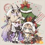  2girls arknights blonde_hair blurry blush bokeh box buchu14569590 cape cardigan chibi chibi_only christmas christmas_lights christmas_tree depth_of_field dragon_horns dress fire flame-tipped_tail flower fur-trimmed_cape fur_trim gift gift_box gradient_hair green_eyes hat hood hood_up horns multicolored_hair multiple_girls necrass_(arknights) pants pantyhose purple_hair red_cape reed_(arknights) ribbon shirt snowflakes sparkle tail white_dress white_shirt 