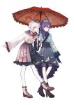  1girl 1other :3 ;) absurdres akiyama_mizuki animal_print ankle_boots aqua_kimono arm_at_side asahina_mafuyu bird_print black_boots black_corset black_gloves boots breasts brown_boots brown_hat brown_scrunchie brown_umbrella buttons closed_mouth commentary corset double-breasted earrings expressionless frilled_boots frilled_skirt frilled_sleeves frilled_umbrella frills full_body ganxing gloves hair_ornament hair_scrunchie hand_on_another's_arm hat high_heel_boots high_heels highleg highres holding holding_umbrella japanese_clothes jewelry kawaranu_atatakasa_no_tonari_de_(project_sekai) kimono kimono_skirt lace-trimmed_kimono lace_trim large_breasts light_blush long_hair long_sleeves looking_at_another mini_hat neck_ribbon official_alternate_costume official_alternate_hairstyle one_eye_closed other_focus other_with_female pantyhose pink_eyes pink_hair pink_kimono project_sekai purple_eyes purple_hair red_ribbon ribbon scrunchie shared_umbrella short_hair simple_background skirt smile standing standing_on_one_leg umbrella white_background white_pantyhose wide_sleeves 