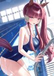  1girl absurdres animal_ears bare_arms blue_one-piece_swimsuit blush breasts brown_hair brown_tail cleavage commentary_request competition_swimsuit ear_covers highres horse_ears horse_girl horse_tail large_breasts long_hair looking_at_viewer lucky_lilac_(umamusume) menchi_rishio multicolored_hair one-piece_swimsuit open_mouth ponytail pool_ladder purple_eyes rei_no_pool side_ponytail smile solo streaked_hair swimsuit tail tail_through_clothes umamusume wet white_streaks 