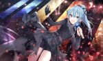  1girl :d asymmetrical_sleeves black_ribbon black_shirt black_shorts black_skirt blue_eyes blue_hair chest_harness commentary_request concert double-parted_bangs falling_petals gabiran gloves hair_between_eyes hair_ribbon half_gloves harness high_ponytail highres holding holding_microphone hololive hoshimachi_suisei hoshimachi_suisei_(shout_in_crisis) long_sleeves microphone mismatched_sleeves official_alternate_costume official_alternate_hairstyle open_mouth petals ponytail ribbon see-through_clothes see-through_sleeves shirt short_shorts shorts showgirl_skirt single_glove single_half_glove skirt smile solo star_(symbol) star_in_eye symbol_in_eye teeth turtleneck turtleneck_shirt upper_teeth_only virtual_youtuber 
