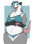  2026 american_opossum anthro arm_tuft belly belly_tuft big_breasts breast_squish breasts cheek_tuft cleavage_cutout clothing countershading crossed_arms cutout eyeshadow facial_tuft fangs female geometric_background grey_body grey_eyes hair hi_res hip_squish hip_tuft long_nails love_handles makeup mammal marsupial mochimochiland narrowed_eyes navel neck_tuft open_mouth panties shoulder_tuft simple_background slightly_chubby slightly_chubby_anthro slightly_chubby_female solo squish tail teal_clothing teal_hair teal_panties teal_underwear teeth thick_thighs tongue tongue_out tuft underwear virginia_opossum whiskers white_body white_countershading wide_hips 