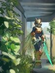  1boy absurdres armor blonde_hair commentary_request cyber_elf_(mega_man) energy_sword forehead_jewel full_body helmet highres holding holding_sword holding_weapon long_hair mega_man_(series) mega_man_zero_(series) omochi_(mochi_skymega) red_armor red_helmet solo_focus sword walking weapon z_saber zero(z)_(mega_man) zero_(mega_man) 
