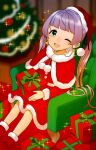  1girl ahoge aqua_eyes armchair bad_link blue_eyes box bpa_(bpa_echichi) chair christmas christmas_ornaments christmas_tree dress gift gift_box green_eyes hat holding holding_gift indie_virtual_youtuber mochi_hiyoko mochipro one_eye_closed open_mouth purple_hair santa_cape santa_costume santa_dress santa_hat sitting smile tareme twintails virtual_youtuber 