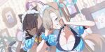  2girls animal_ears asuna_(blue_archive) black_hair blonde_hair blue_archive blue_eyes blue_halo blue_scrunchie blue_shirt breasts cat_ears cat_tail cleavage commentary_request dark-skinned_female dark_skin dog_ears dog_tail fake_animal_ears fake_tail gloves hair_over_one_eye halo highres kaerunrun karin_(blue_archive) large_breasts long_hair maid_headdress mole mole_on_breast multiple_girls purple_halo scrunchie shirt tail white_gloves yellow_eyes 