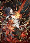  1boy absurdres bandaged_chest bandaged_hand bandaged_torso bandages beads black_hair black_pants blade_(honkai:_star_rail) chinese_commentary commentary_request earrings fire flower from_side highres honkai:_star_rail honkai_(series) jewelry lv_zhu_xuan male_focus medium_hair mortenax_blade_(honkai:_star_rail) pants red_eyes red_flower solo spider_lily 