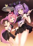  2girls :d absurdres animal_ears black_ribbon black_skirt breasts bunny_garden bunny_garden_2 commentary_request cosplay crossover erisa_(bunny_garden) erisa_(bunny_garden)_(cosplay) fake_animal_ears hair_intakes hair_ribbon haru_urara_(umamusume) heart high_ponytail highres holding holding_tray horse_ears horse_girl horse_tail mochiusasa multiple_girls nontraditional_playboy_bunny pink_eyes pink_hair playboy_bunny ponytail purple_hair rabbit_ears raised_inner_eyebrows ribbon shuto_yukina sidelocks skirt small_breasts smile tail tray twintails umamusume voice_actor_connection 