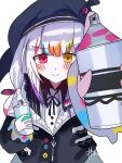  1girl beret bow commentary_request hat hcxonzbtwr13590 heterochromia highres holding holding_spray_can jacket jogasaki_noah long_hair long_sleeves mahou_shoujo_no_majo_saiban multi-tied_hair multicolored_hair multiple_girls neck_ribbon off-shoulder_jacket off_shoulder paint_stains paintbrush polka_dot polka_dot_bow red_eyes ribbon shirt simple_background smile solo spray_can streaked_hair white_background white_hair yellow_eyes 
