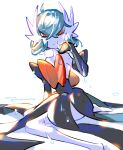  1girl alternate_color black_dress black_gloves blue_hair bob_cut colored_skin dress elbow_gloves gardevoir gloves looking_at_viewer mega_gardevoir mega_pokemon orange_eyes pokemon pokemon_(creature) raine_(acke2445) shiny_pokemon simple_background sitting strapless strapless_dress wet white_background white_skin 