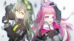  2girls alternate_hair_length_(longer) animal_ears arm_up black_gloves black_jacket blunt_bangs blurry blurry_background breasts close_game/offline_(project_sekai) closed_mouth commentary english_commentary fake_animal_ears from_side gloves green_eyes green_hair gun hair_between_eyes hair_flaps hair_ornament halo hand_up handgun highres holding holding_gun holding_weapon jacket kusanagi_nene long_hair long_sleeves looking_at_viewer mechanical_ears mechanical_halo multiple_girls official_alternate_costume official_alternate_hairstyle ootori_emu open_mouth pink_eyes pink_hair pouch project_sekai rosiaxo sidelocks simple_background smile techwear turning_head upper_body weapon 