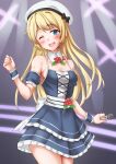  1girl anti_(untea9) audience black_dress blonde_hair blue_eyes breasts commentary_request concert detached_collar dress gloves glowstick hat highres holding holding_microphone idol idol_clothes jervis_(kancolle) kantai_collection long_hair looking_at_viewer microphone one_eye_closed open_mouth sailor_collar sailor_hat small_breasts smile solo spaghetti_strap stage stage_lights white_hat wrist_cuffs 
