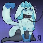  anthro areola big_breasts blue_areola blue_body blue_eyes blue_fur blue_nipples blue_sclera bodily_fluids breasts chain_collar clothing collar dipstick_tail ears_down eeveelution eyelashes feet female front_view fur generation_4_pokemon glaceon gloves_(marking) grey_clothing grey_legwear grey_stockings heart_eyes heart_symbol hi_res katoneko kneeling leash leashed_collar legwear legwear_only markings mostly_nude nintendo nipples open_mouth pivoted_ears pokemon pokemon_(species) purple_background simple_background solo stockings stockings_only sweat tail tail_markings 
