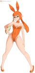  1girl absurdres alternate_costume animal_ears bare_shoulders blunt_bangs bow bowtie breasts bright_pupils commentary confident covered_navel detached_collar english_commentary fake_animal_ears full_body hand_on_own_hip high_heels highleg highleg_leotard highres inkling inkling_girl inkling_player_character kaori_(splatoon) legs leotard long_hair looking_at_viewer orange_eyes orange_hair orange_leotard patreon_logo patreon_username playboy_bunny pointy_ears rabbit_ears small_breasts smile solo splatoon_(series) standing strapless strapless_leotard super_smash_bros. tentacle_hair traditional_bowtie twintails web_address white_background white_pupils wrist_cuffs zelc-face 