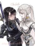  2girls arianaleonardo artist_name black_gloves black_hair black_shirt black_suit blue_eyes blue_necktie blush cable_hair collared_shirt colored_skin cowboy_shot cyborg faust_(project_moon) formal_clothes gloves hand_on_another's_chin hand_on_another's_face highres holding holding_weapon italian_text joints limbus_company looking_at_another mechanical_spine multiple_girls necktie ootachi pinky_(identity)_(project_moon) ponytail project_moon red_eyes ring_(identity)_(project_moon) robot_girl robot_joints ryoshu_(project_moon) shirt signature simple_background skin_seams smile spine suit sword sword_on_back twitter_username weapon weapon_on_back white_background white_hair white_skin yuri 