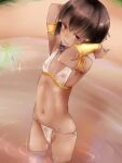  1girl akino_shuu armband armlet arms_behind_head arms_up assal_(sennen_sensou_aigis) bangs bikini black_hair blush bob_cut bracer breasts brown_hair commentary_request covered_nipples dark_skin dark_skinned_female egyptian hair_between_eyes hair_ornament hairclip jewelry looking_at_viewer navel nipples parted_lips red_eyes see-through sennen_sensou_aigis short_hair side-tie_bikini small_breasts smile solo swimsuit wading water wet wet_clothes white_bikini 