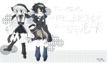  2others absurdres aivjiadeshimingzhe androgynous anime_coloring arm_cutout black_hakama black_headband black_kimono black_leg_warmers black_shirt black_shoes blue_hairband blue_leg_warmers borrowed_character brown_shoes chinese_commentary clothing_cutout coattails commentary_request detached_sleeves expressionless full_body fur_scarf gift_art hair_between_eyes hairband hakama hakama_short_skirt hakama_skirt hand_on_own_chest happy_birthday headband highres japanese_clothes kimono leg_warmers len'en long_sleeves multiple_others no_mouth original other_focus penguin_print print_hairband scarf shirt shirt_under_kimono shoes short_hair skirt sleeves_past_wrists standing tailcoat turtleneck turtleneck_shirt white_background white_eyes white_hair white_kimono white_scarf white_sleeves wide_sleeves 