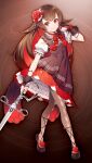  1girl apron argyle_clothes argyle_pantyhose brown_background brown_hair brown_pantyhose brown_shoes buttons colored_inner_hair dress flower frilled_dress frilled_sleeves frills full_body game_asset grimms_notes hair_flower hair_intakes hair_ornament hand_up holding holding_sword holding_weapon kurenai_no_tempest_(grimms_notes) long_hair multicolored_hair nail_polish neck_ribbon non-web_source official_art pantyhose puffy_short_sleeves puffy_sleeves red_dress red_eyes red_flower red_hair red_nails red_rose red_rose_(grimms_notes) ribbon rose see-through_clothes shirotaka_(5choume) shoes short_sleeves sidelocks smile solo standing striped_ribbon sword thorns two-tone_hair weapon wrist_cuffs 
