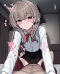  1boy 1girl black_skirt brown_hair closed_mouth clothed_sex commentary_request cowgirl_position hetero highres indoors long_hair looking_at_viewer original pov red_eyes school_uniform sex shirt skirt smile solo_focus straddling thighhighs white_shirt yakob_labo 