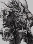  1boy armor bara belt claws closed_mouth commentary cowboy_shot dragon dragon_horns fur_trim green_eyes grey_background greyscale hand_on_hip highres horns male_focus monochrome muscular original sharp_teeth shoulder_armor simple_background tattoo teeth tosaka_rai 