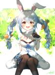  1girl :d animal_ear_fluff animal_ears arm_behind_back arm_support artist_name black_bra black_gloves black_legwear blue_hair blue_ribbon blurry blurry_background blush bokeh border bow bra braid breasts bunny-shaped_pupils bunny_ears carrot_hair_ornament depth_of_field detached_sleeves don-chan_(usada_pekora) dress extra_ears eyebrows_behind_hair feet_out_of_frame food_themed_hair_ornament fur_trim gloves green_background hair_between_eyes hair_bow hair_ornament hair_ribbon hand_up highres hololive knees_together_feet_apart letterboxed looking_at_viewer multicolored_hair open_mouth orange_eyes outdoors outside_border pantyhose pom_pom_(clothes) puffy_short_sleeves puffy_sleeves ribbon short_sleeves sidelocks signature sitting small_breasts smile solo takuro_(taku3949) tress_ribbon twin_braids twintails two-tone_hair underwear upper_teeth usada_pekora virtual_youtuber white_border white_bow white_dress white_hair 