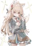 1girl absurdres ahoge animal_ears ascot belt black_choker black_dress blonde_hair blush cat_ears choker commentary_request cowboy_shot dress flower hair_flower hair_ornament hairband highres holding holding_microphone komi_eshi long_hair microphone original red_ascot solo standing tail thighs white_background yellow_eyes 