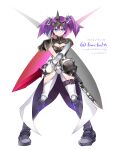  1girl armor asymmetrical_dual_wielding blue_eyes breasts cleavage commentary_request dual_wielding fractal_(fractal25) gunblade highres holding holding_sword holding_weapon iris_(luminous_arc) luminous_arc pauldrons purple_hair shoulder_armor single_pauldron solo sword thighhighs twintails weapon white_thighhighs 